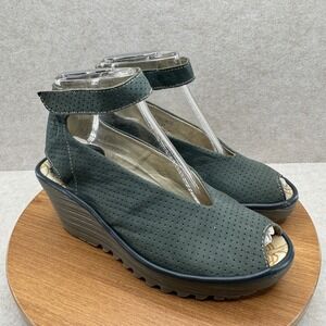 Fly London Wedge Sandals 37 6.5 Green Perforated Leather Peep Toe Boho Chunky